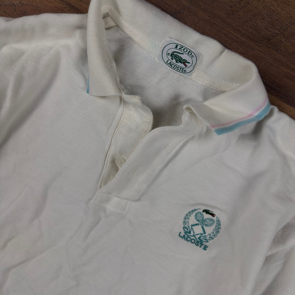 Vintage Izod Lacoste White Polo Shirt Tennis Crest Pastel Tipped 80s Mens Large